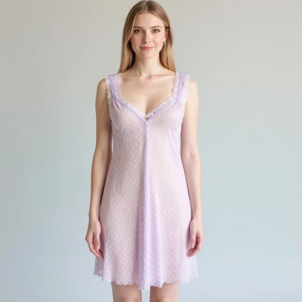 Frederick’s of Hollywood Lavender Lace Mesh Slip Dress Size Large Romantic Mesh